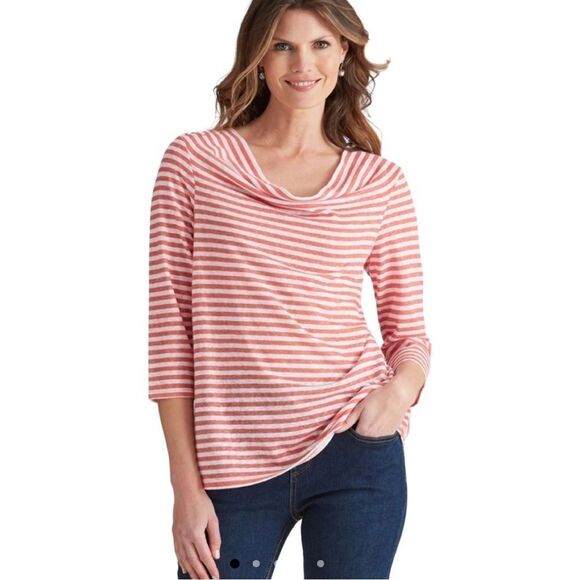 W. Lane Deep Orange White Stripe Linen 3/4 Sleeve Cowl Neck Shirt - Picture 2 of 13